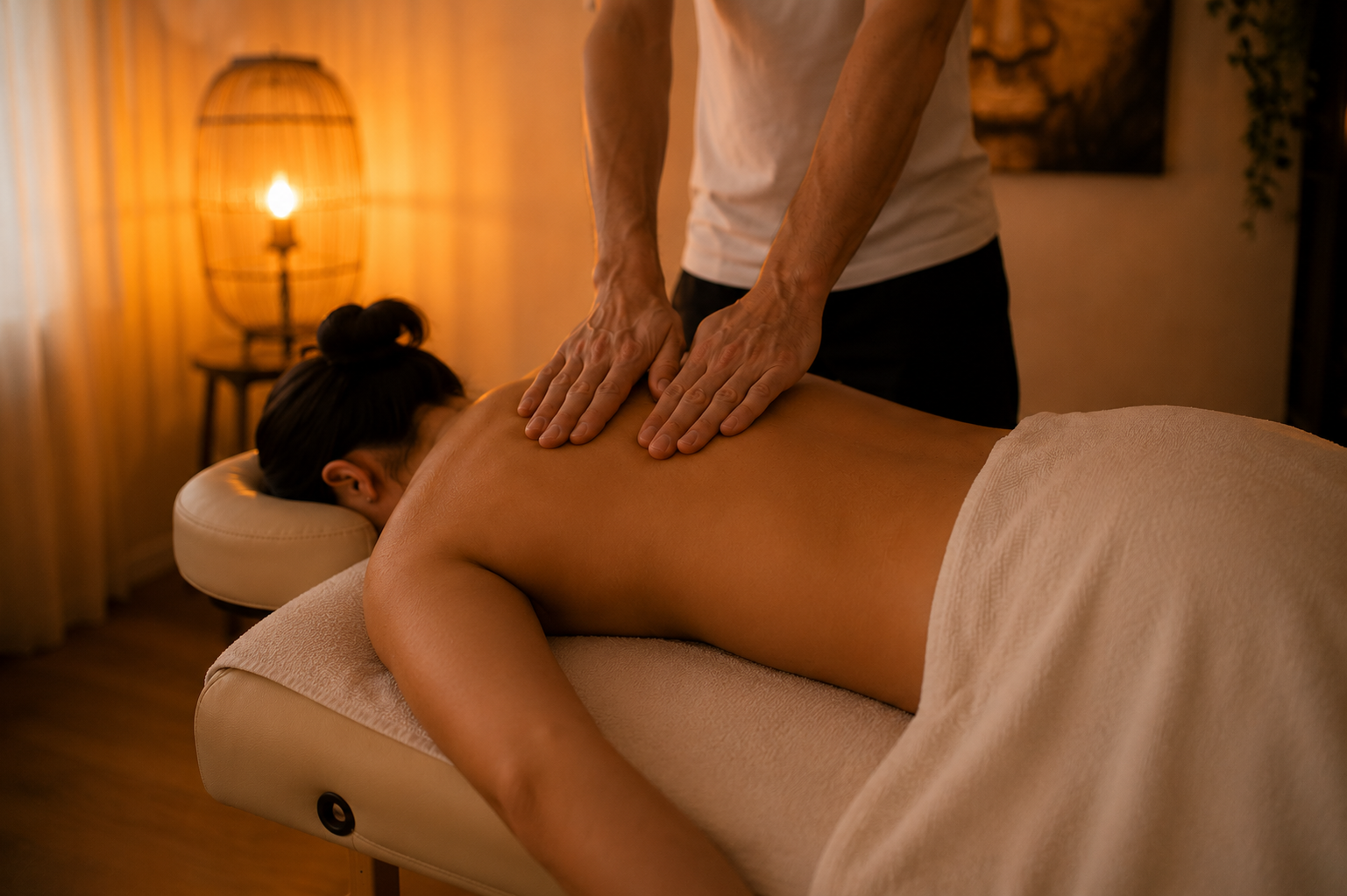 Een rustige massagebehandeling in warm, gedempt licht